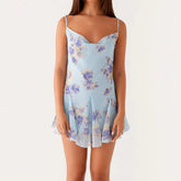 Blue Flower Print Cami Back Tie Up Mini Dress